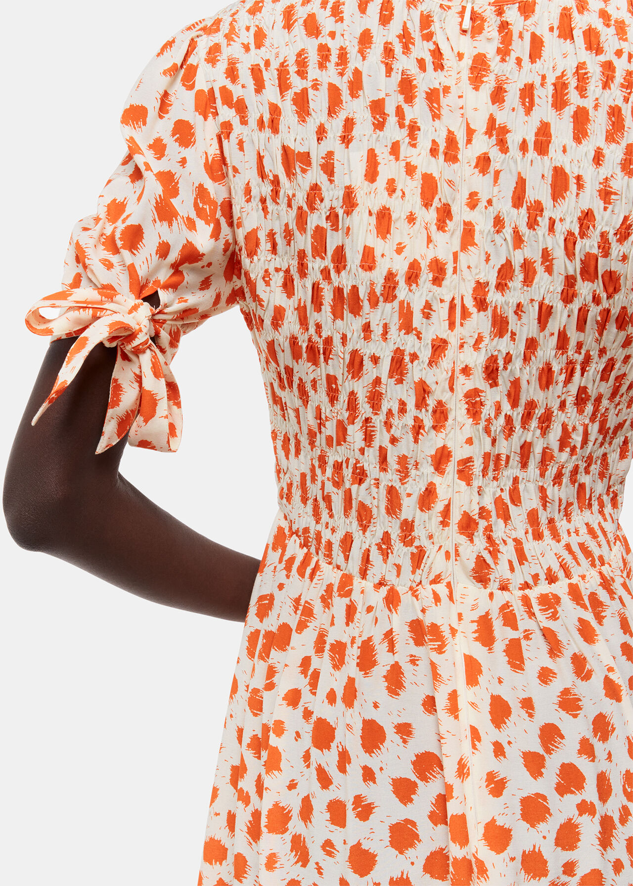 Spot Shirred Midi Dress